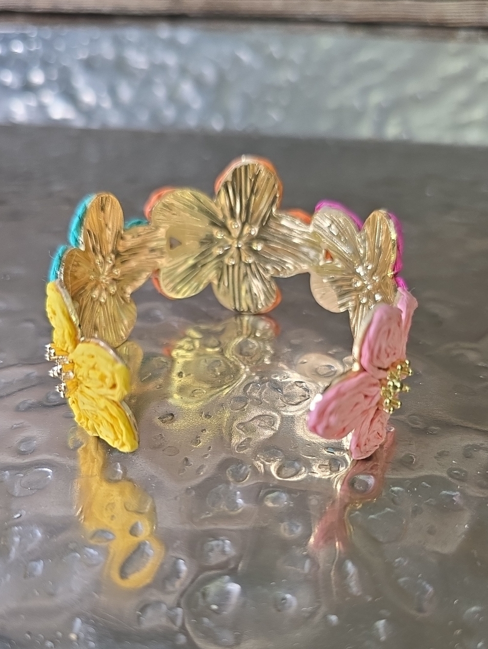 Handmade Floral Cuff Bracelet in Orange, Pink & Teal, NEW - Picture 4 of 5